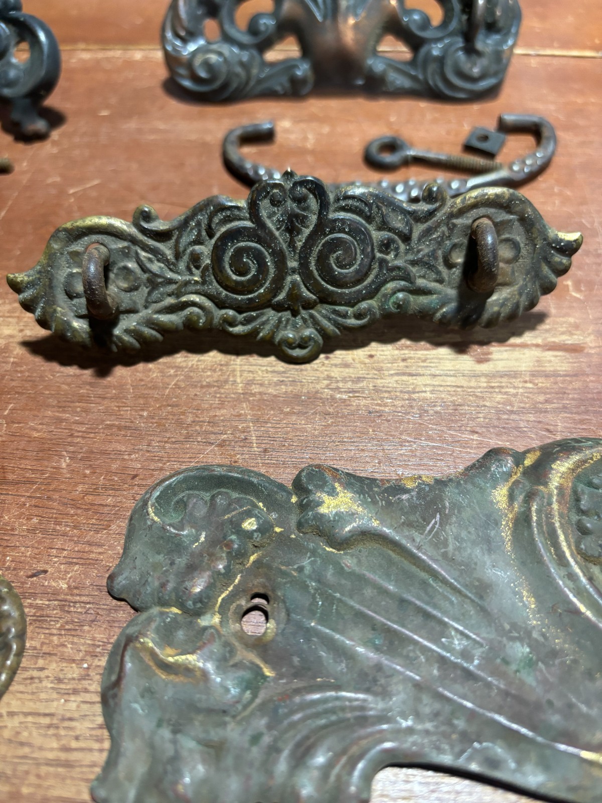 Lot of 9 Mixed Ornate Vintage Pressed Metal Drawer Backplates one with Pull