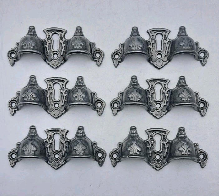 Antique Bin Pulls Eastlake Two Finger Handles Unique Cast Iron Hardware Set of 6