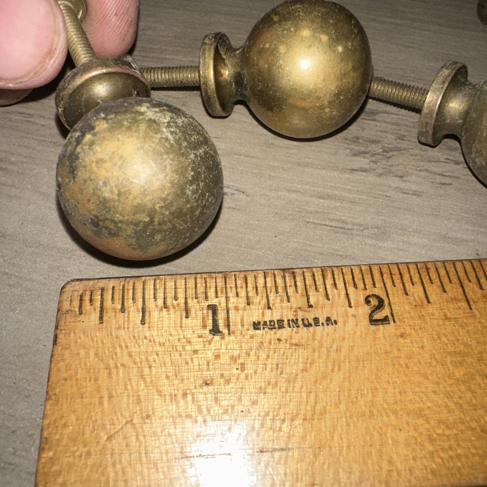 4 Brass Drawer Pulls Round Cannon Ball Style Nice Patina!
