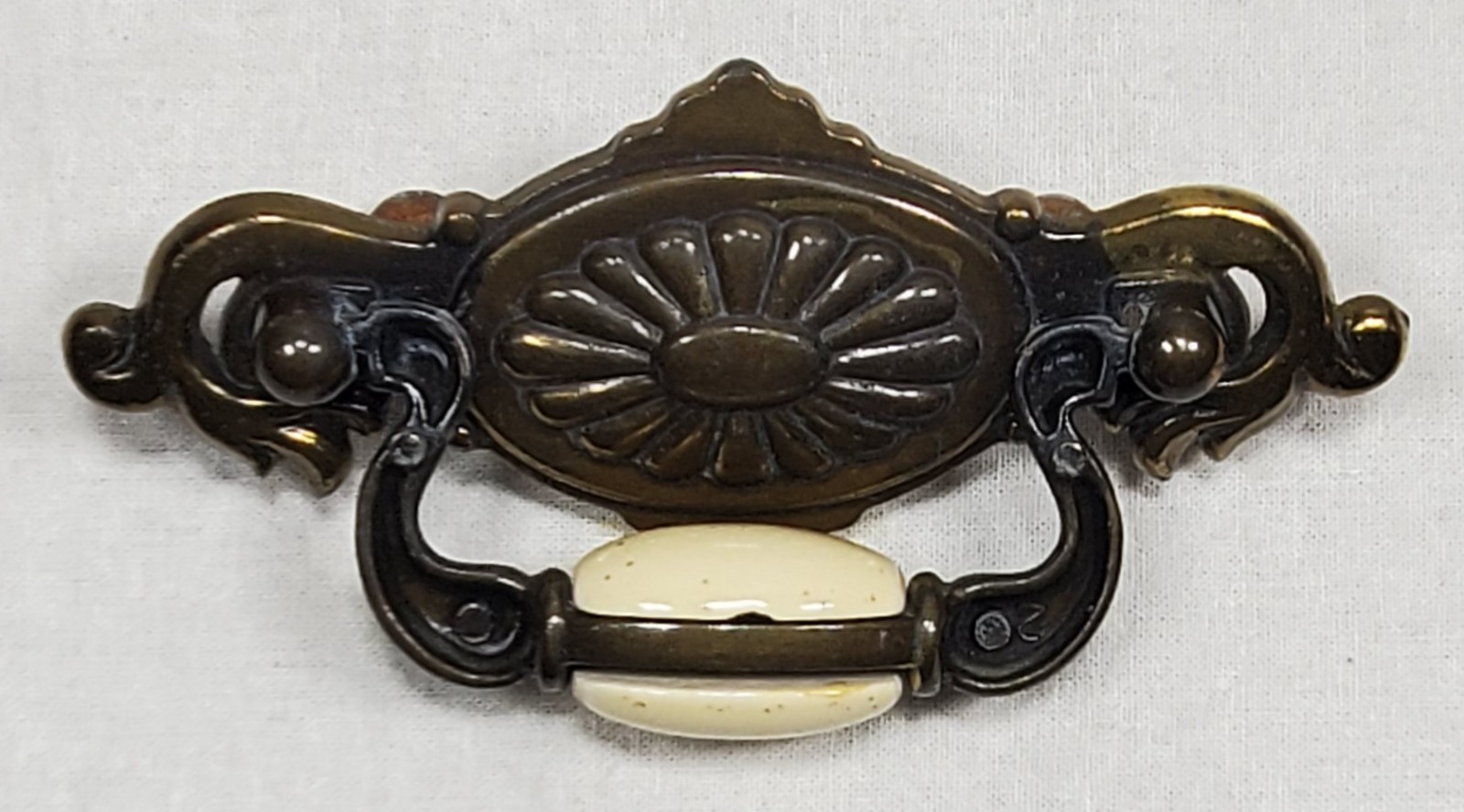 Vintage Brass Drawer Pull With Beige Ceramic Center Bead 2 1/4″ OC
