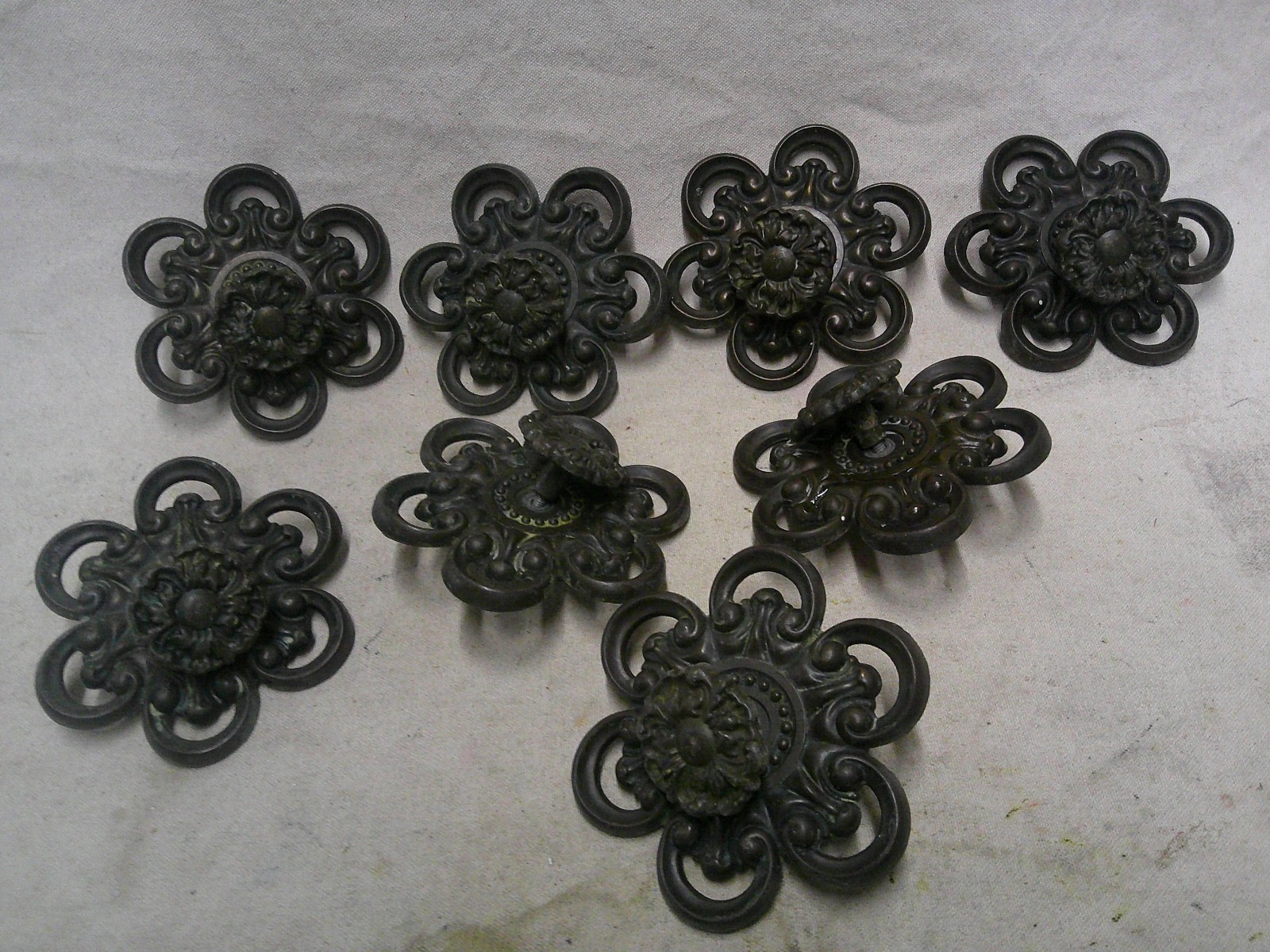 8 Large Romantic vintage drawer pulls handles rosette floral design Ornate OLD