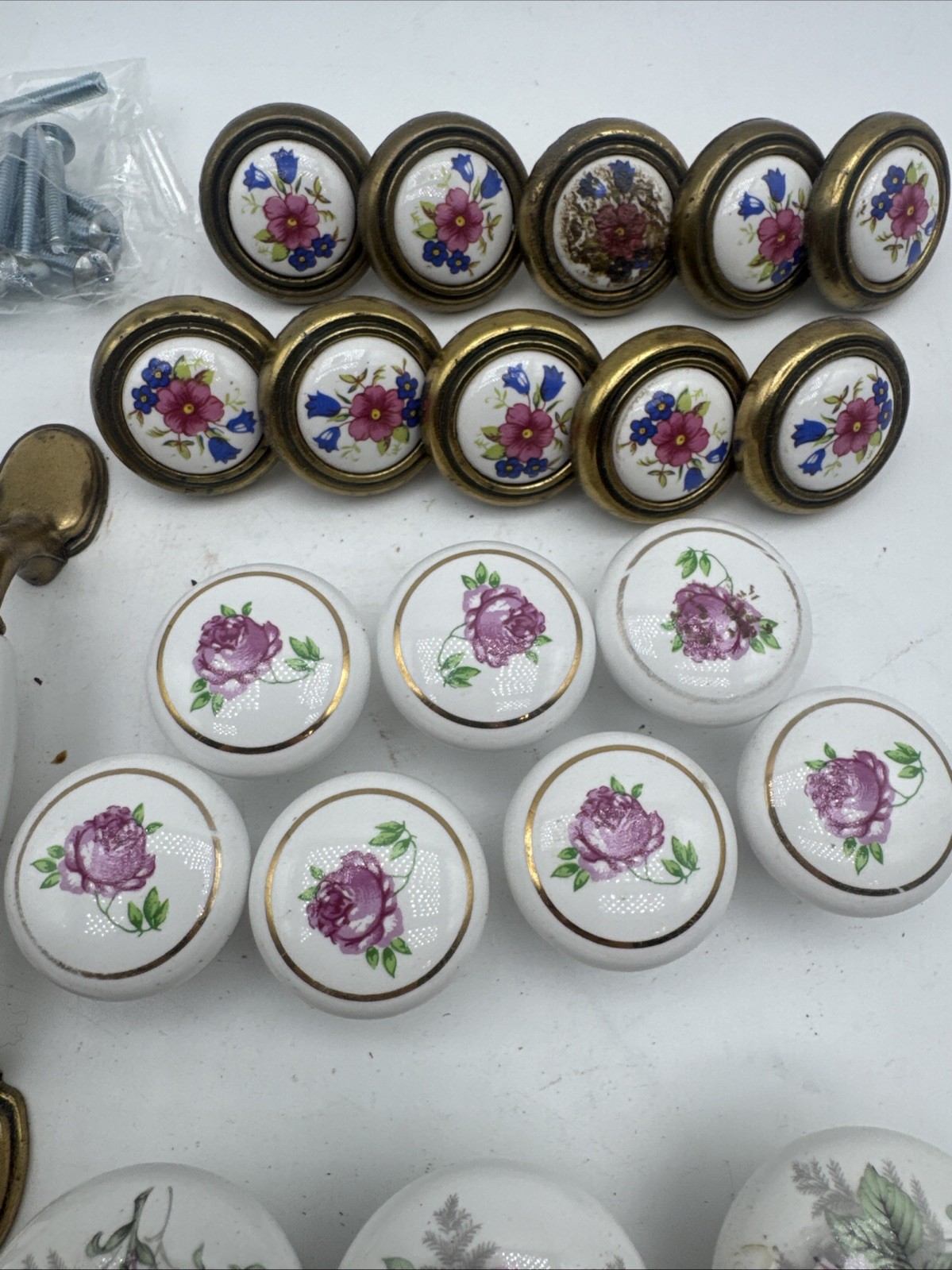 Vintage Floral Ceramic Drawer Knobs Pink Blue Flowers Lot of 25