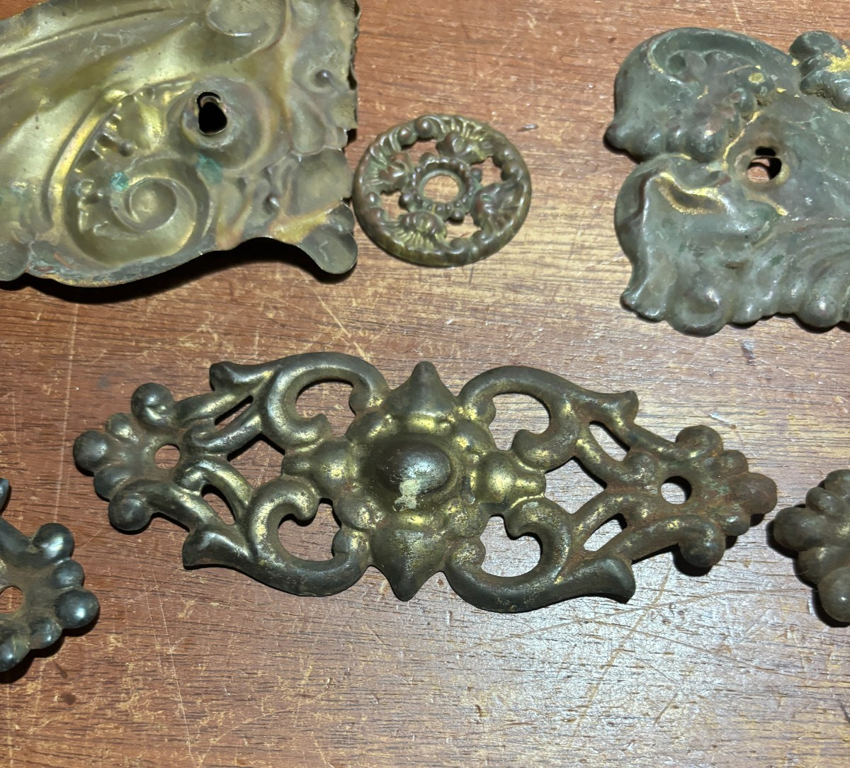 Lot of 9 Mixed Ornate Vintage Pressed Metal Drawer Backplates one with Pull
