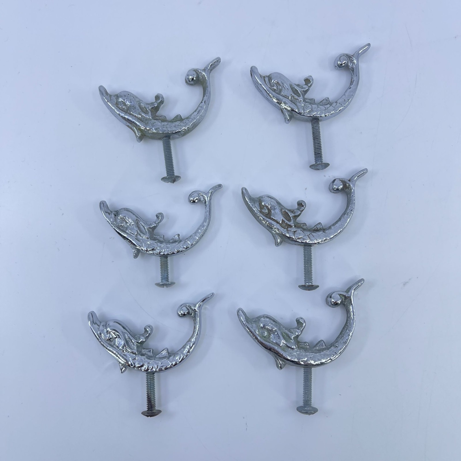 vintage silver tone dolphin drawer pulls with screws coastal nautical decor (6)