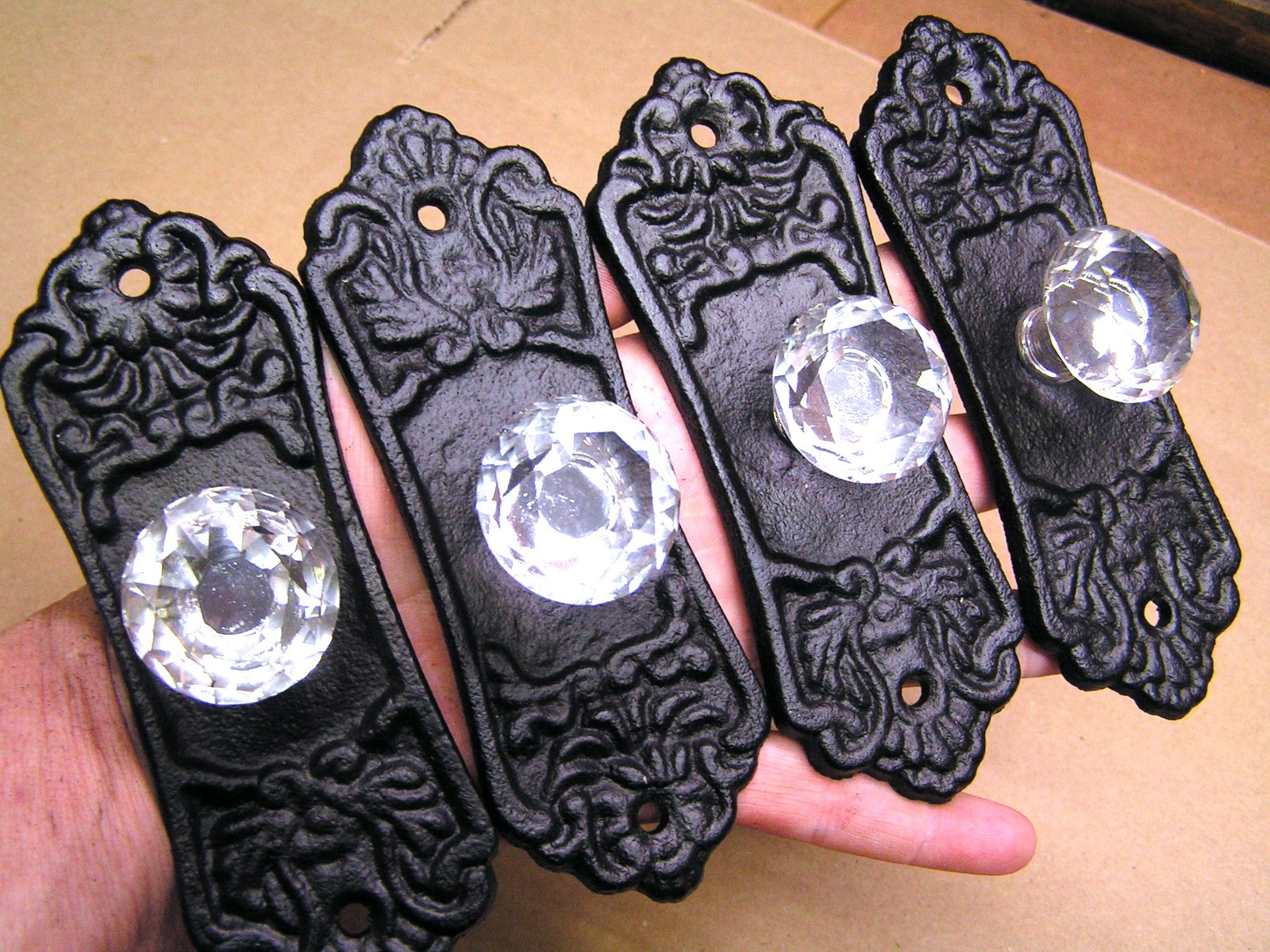 Four Glass Crystal Style Knobs, Black Cast Iron Backplate, Old Style Hardware