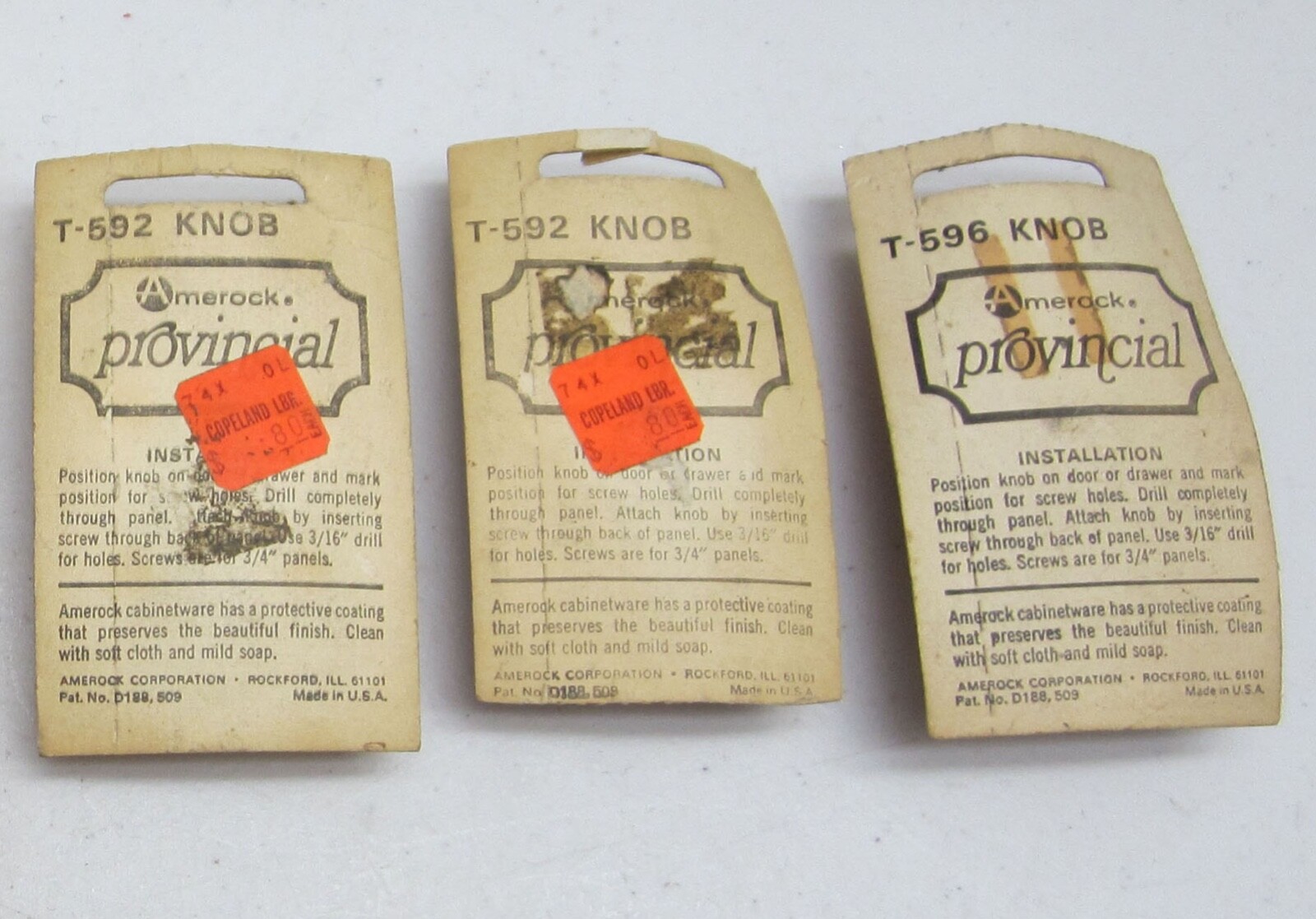 Lot 3 NOS 1960s Amerock T-592 & 596 Knobs, Provincial, Ivory Gold, Floral/Round