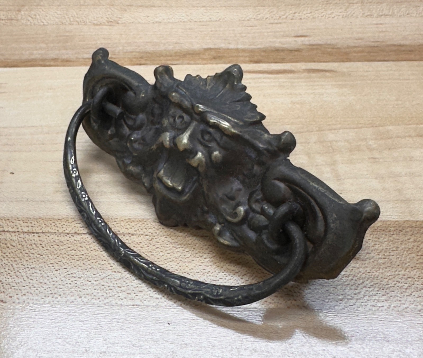 Antique North Wind Lion Face Pressed Brass Drop Bail Dresser Drawer Pull