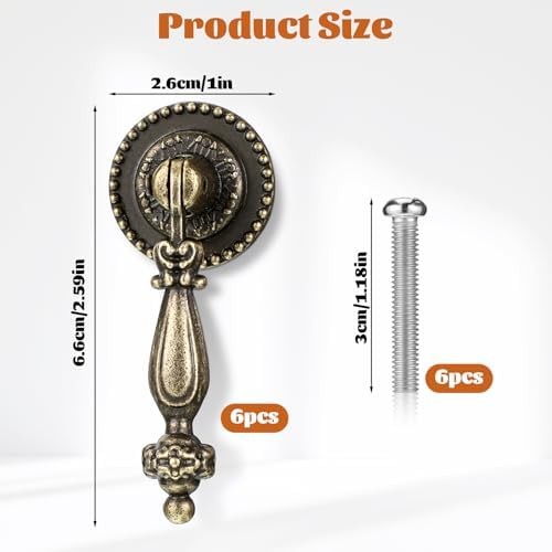 6PCS Antique Style Tear Drop Pulls, Zinc Alloy Cabinet Pull Handle Knobs Vintage