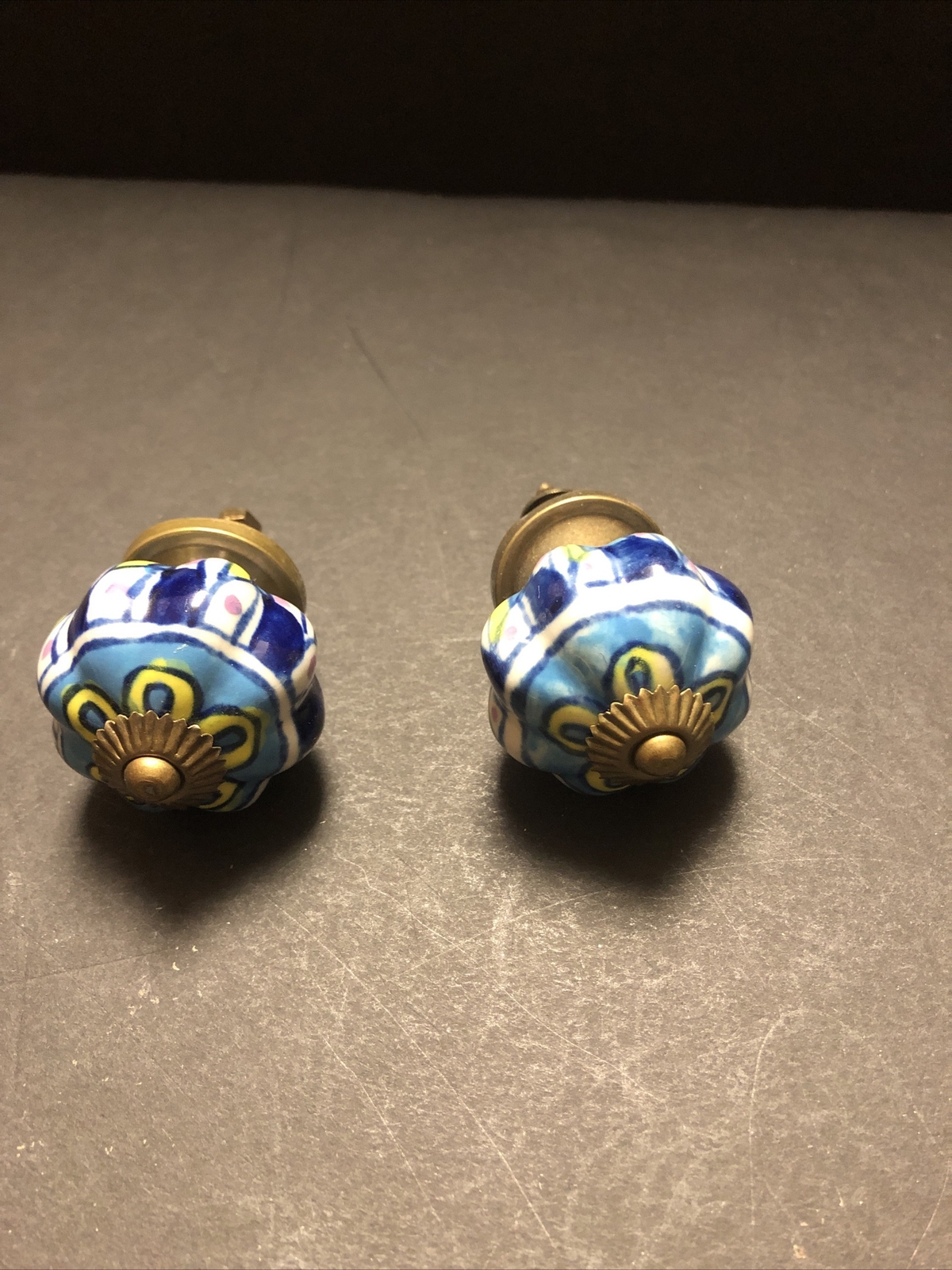 Antique Drawer Pulls Blue Pattern Cabinet Kitchen Door Knob Handle Lot of 2