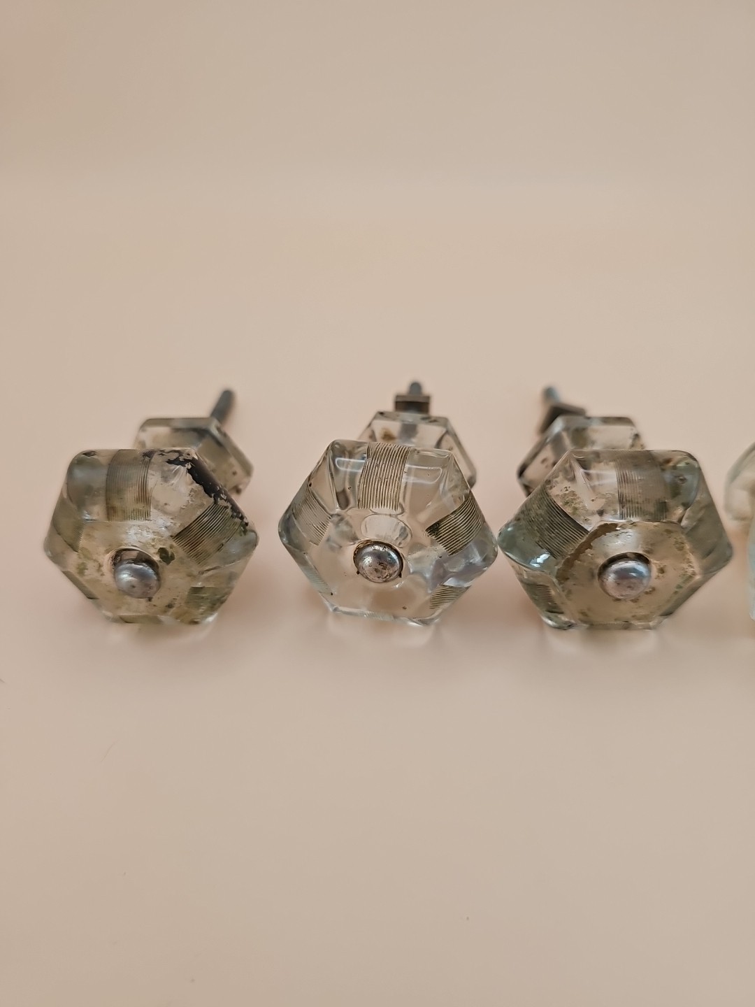 Vintage Six Side Hexagon Clear Glass Drawe Knob Cabinet Furniture Knobs Lot of 5