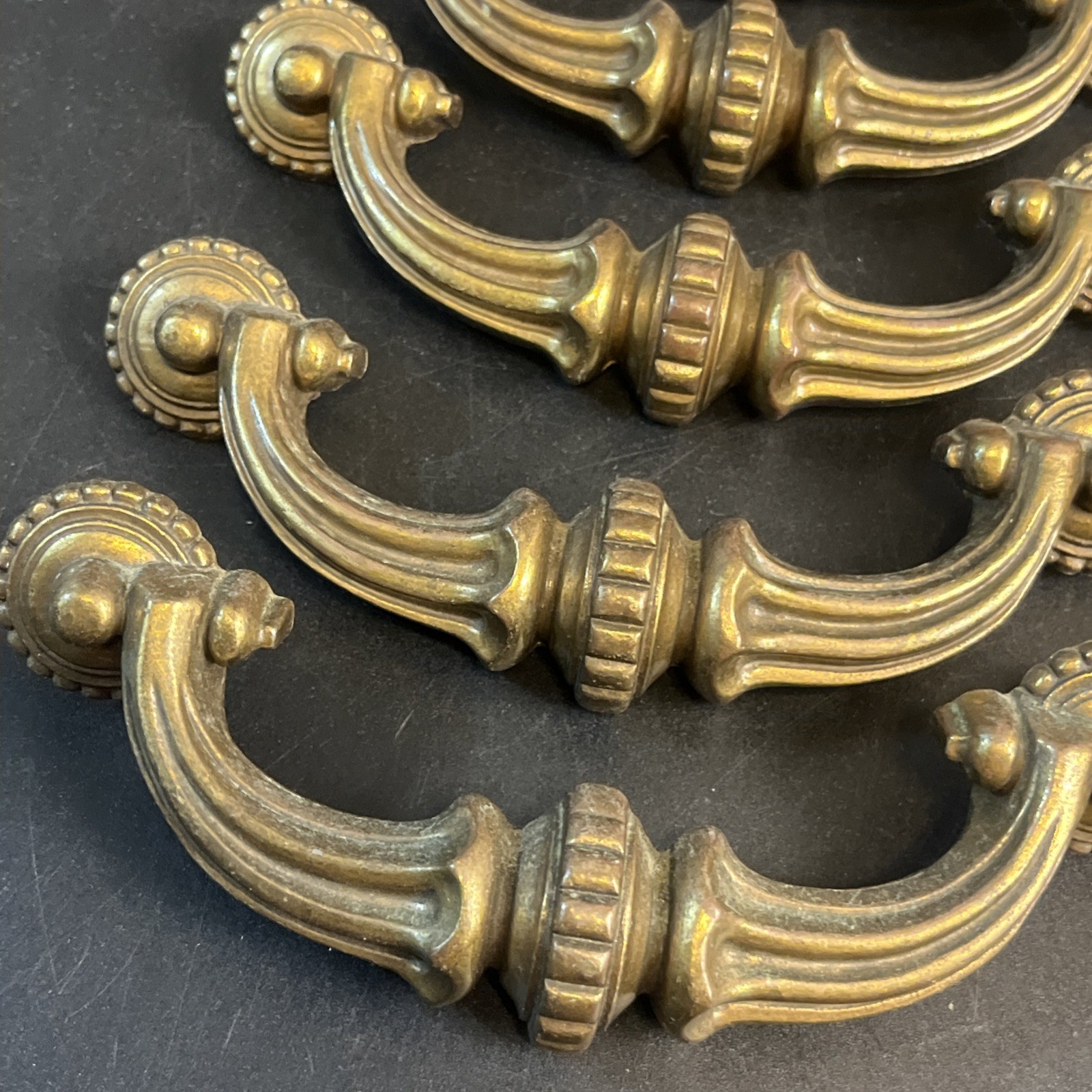 5 Vtg Ornate Solid Brass Drop Bail Pull Dresser Handles Set Hollywood Regency