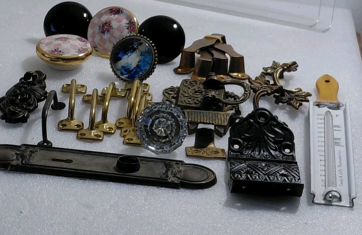 Old Country Shed Junk Drawer Lot Of Vtg Draw Pulls,Hinges,Enamelled Thermometer