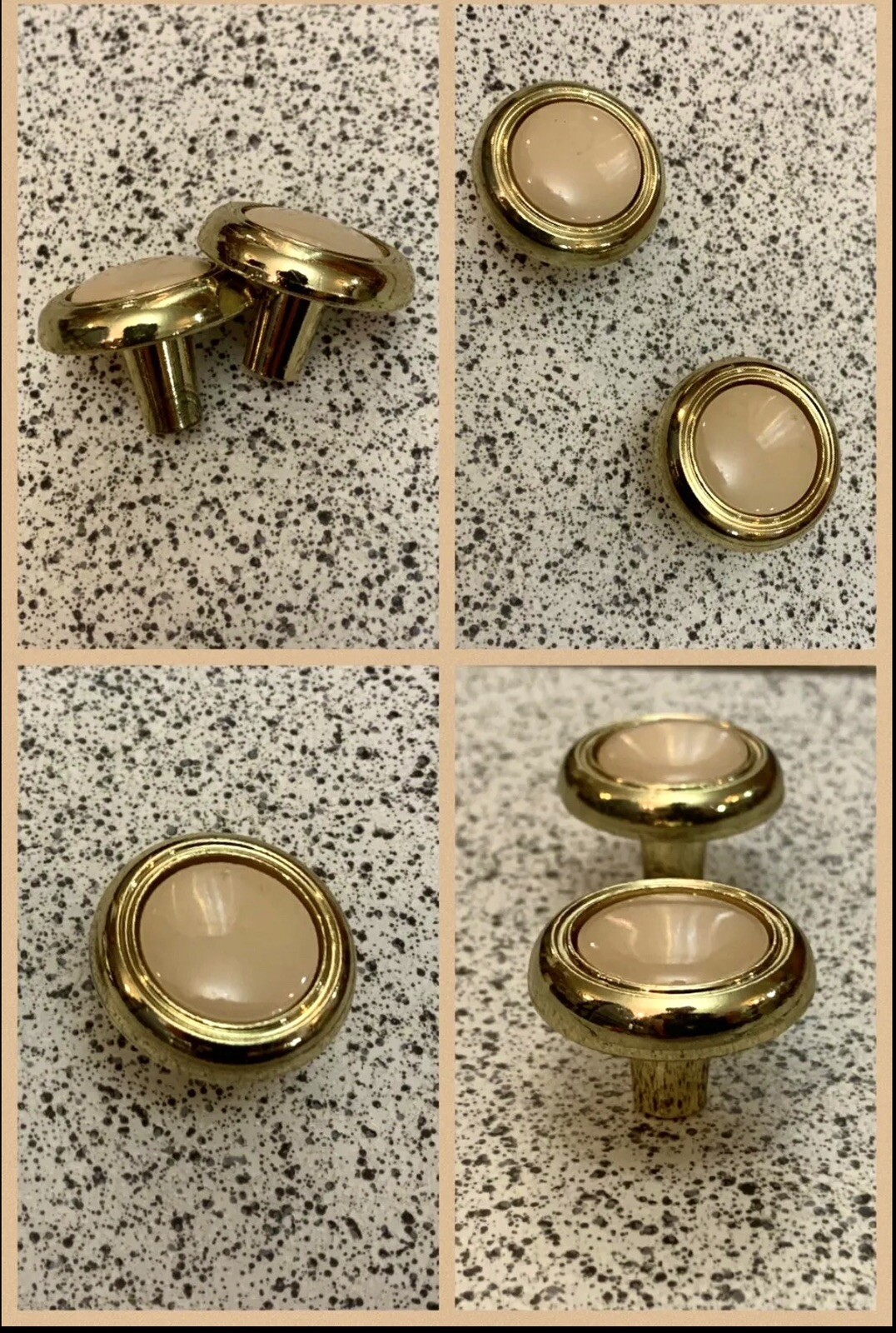 2 Knobs Beige Ceramic Brass Round Pulls Cabinet Drawer Heavy Mid Century Vintage