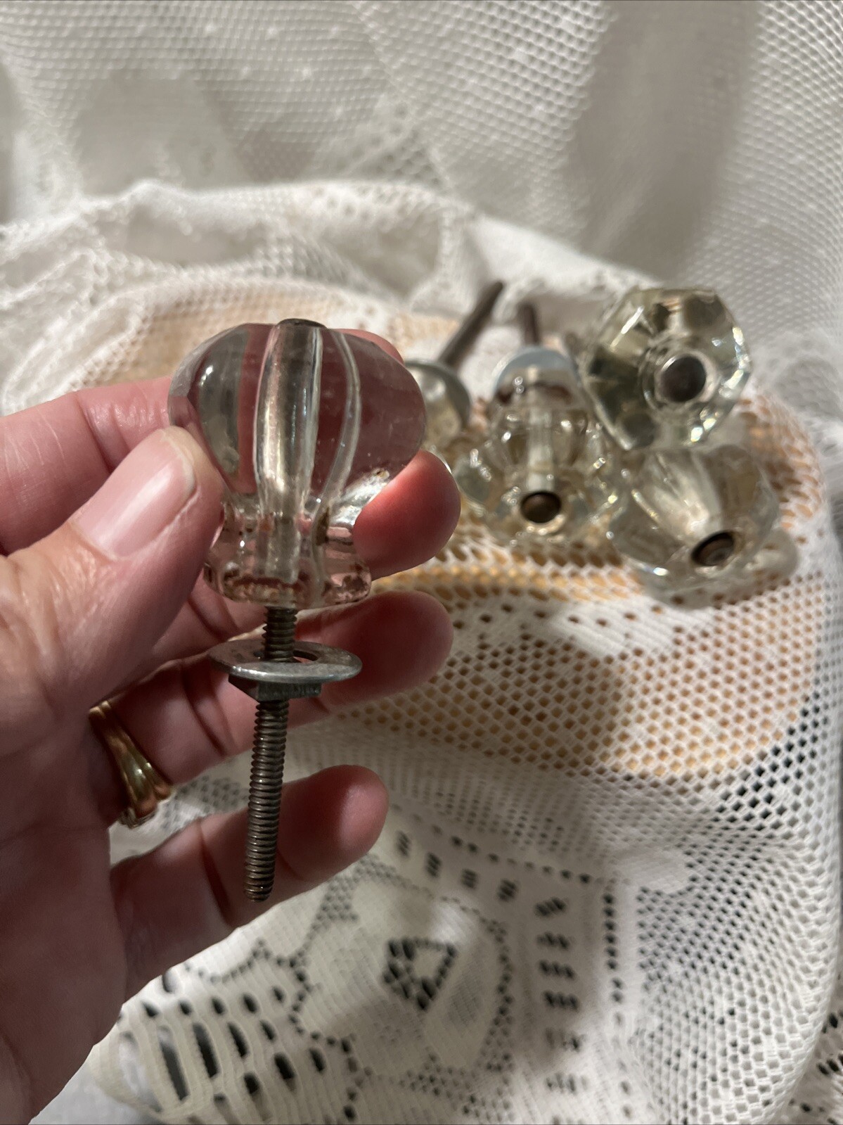 5 Vintage Antique Clear Glass Hexagon Dresser Drawer Cabinet Pulls Knob 1 1/2″