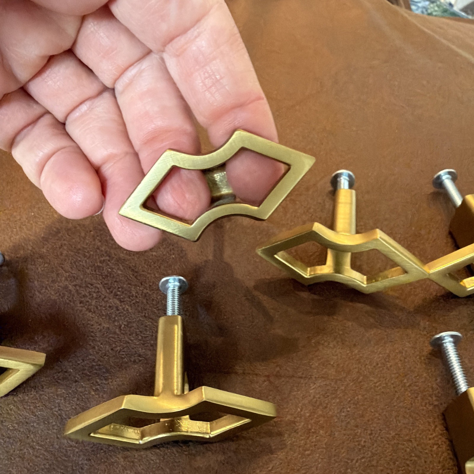 Vintage Set of 6 Solid Brass Geometric Cabinet Drawer Pulls MCM
