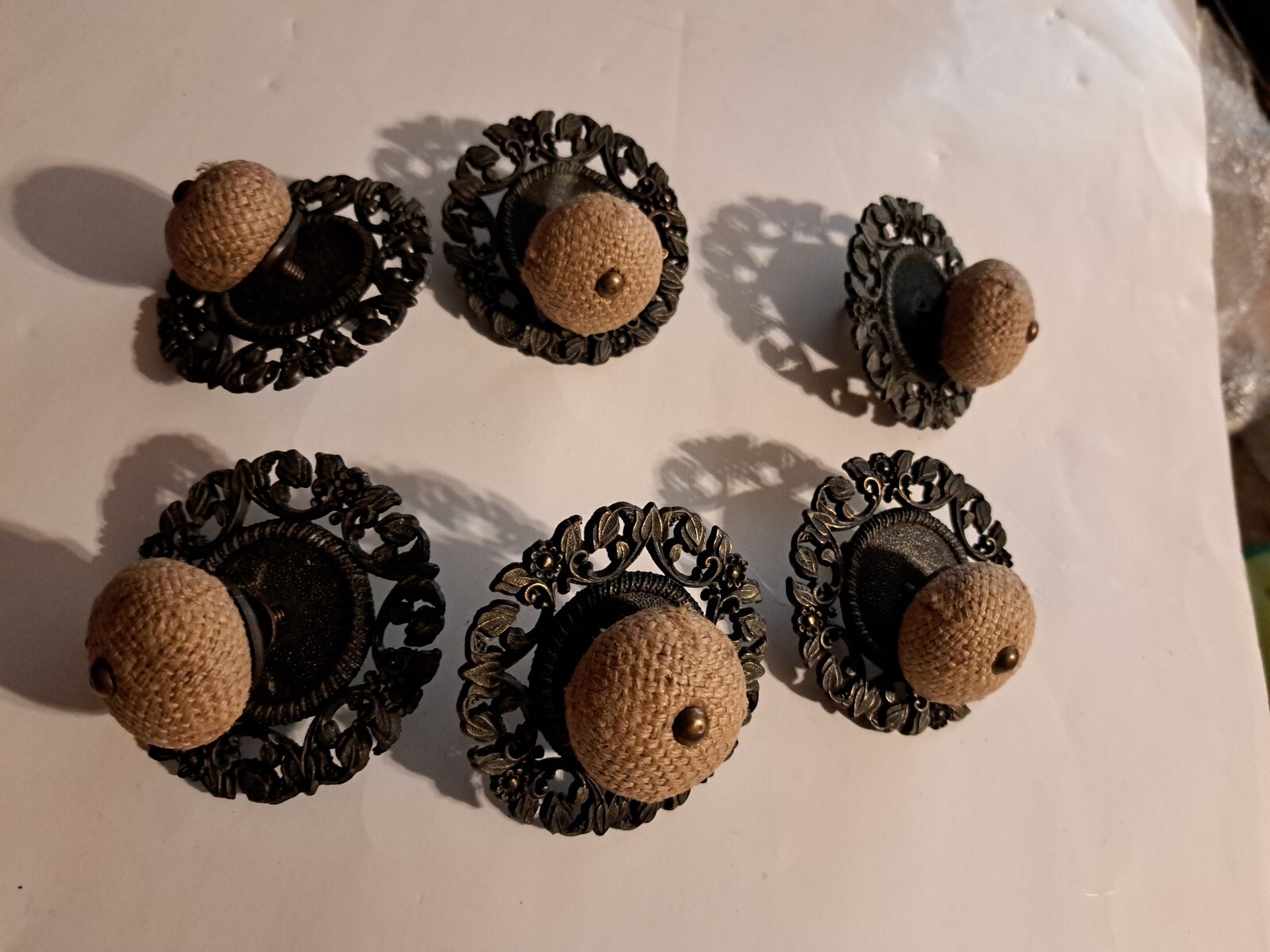 6 Allison Cabinet Drawer Pulls Japan Brass Jute Ball Flower Daisey 3 1/4 Shabby