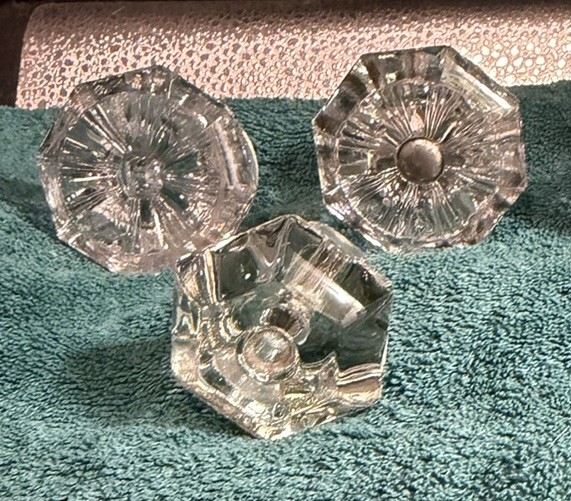 6 small Vintage Clear Glass Cabinet Pulls Knobs Antique 2 Hexagon 4 Octagon