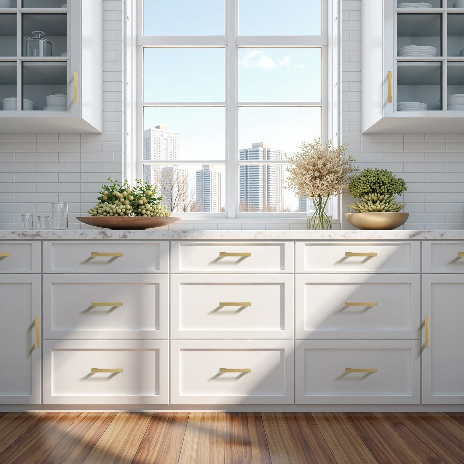Knobwell 6 Pack Brushed Gold Solid Cabinet Pulls 3-3/4 Inch96Mm Hole Center
