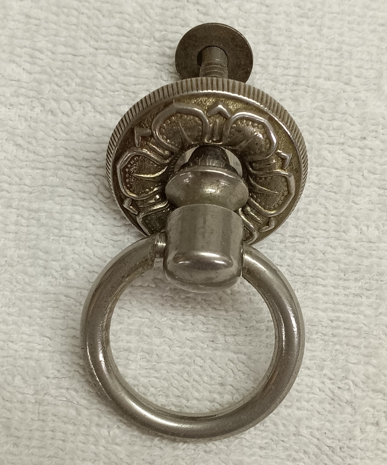 ANTIQUE HEAVY NICKLE PLATED BRASS DROP RING DRAWER,DESK,BIN ,DOOR PULL 1 1/4 IN