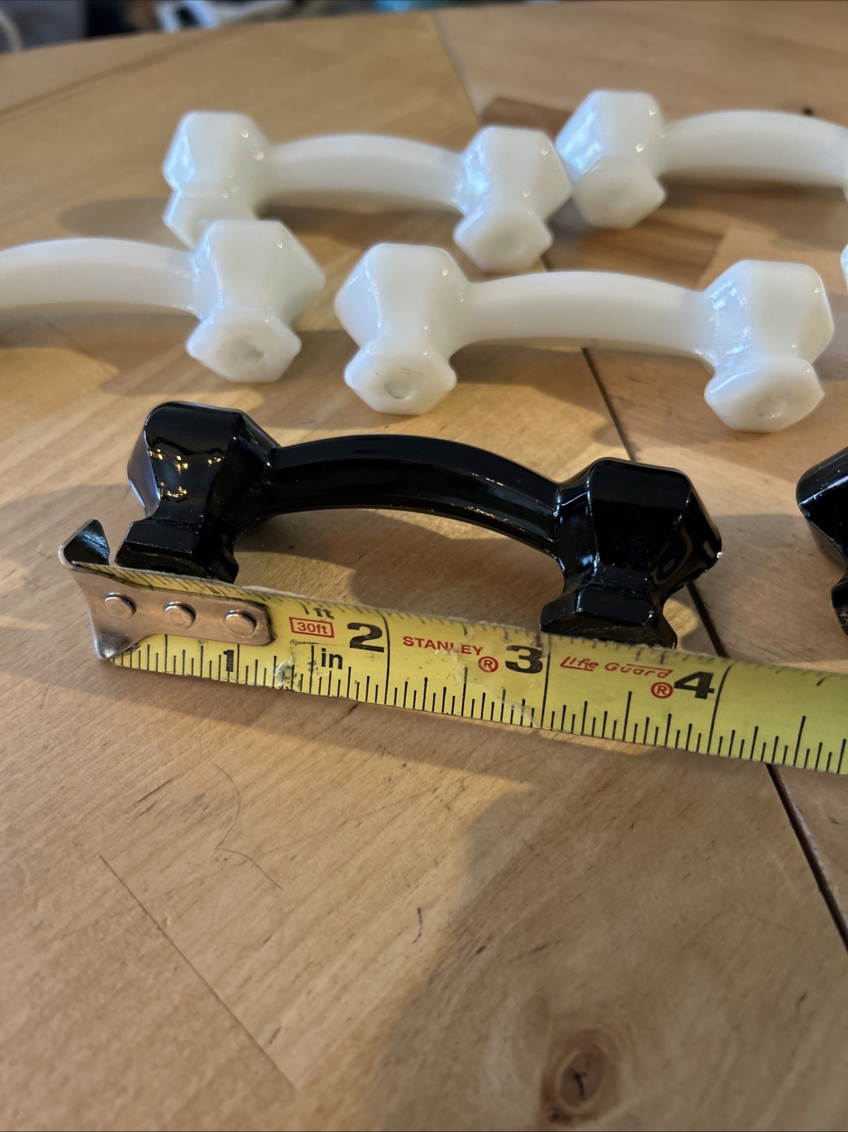 Lot 7 Vintage Milk & Black Glass Hex Cabinet Pulls 1930s–40s Art Deco Hardware