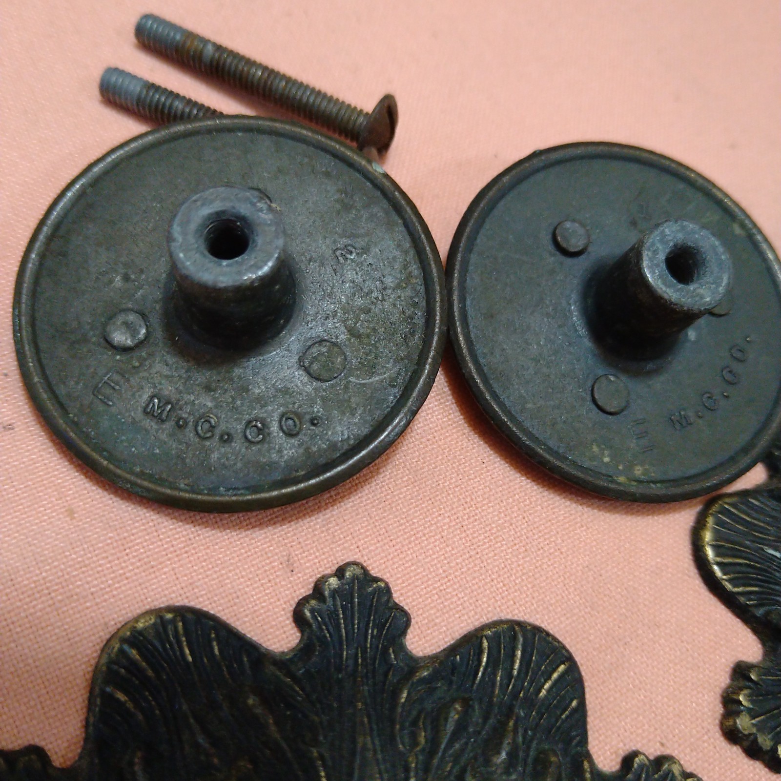 M.C. Co Victorian Cottage Embossed Round Knobs Draw Pulls & Backplates Lot Of 2