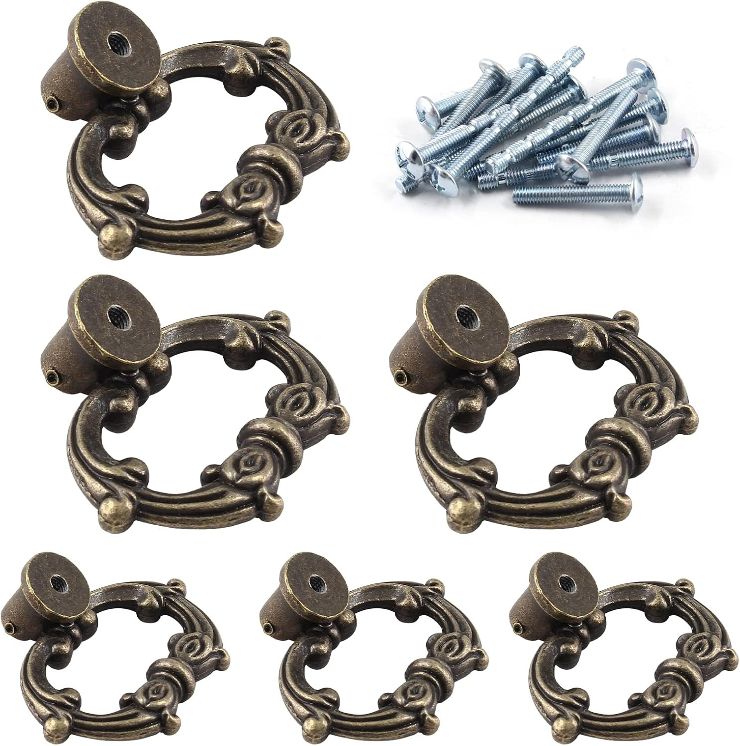 Luomorgo 6 Pcs Antique Bronze Drop Ring Drawer Pulls, Vintage Cabinet Pull Handl