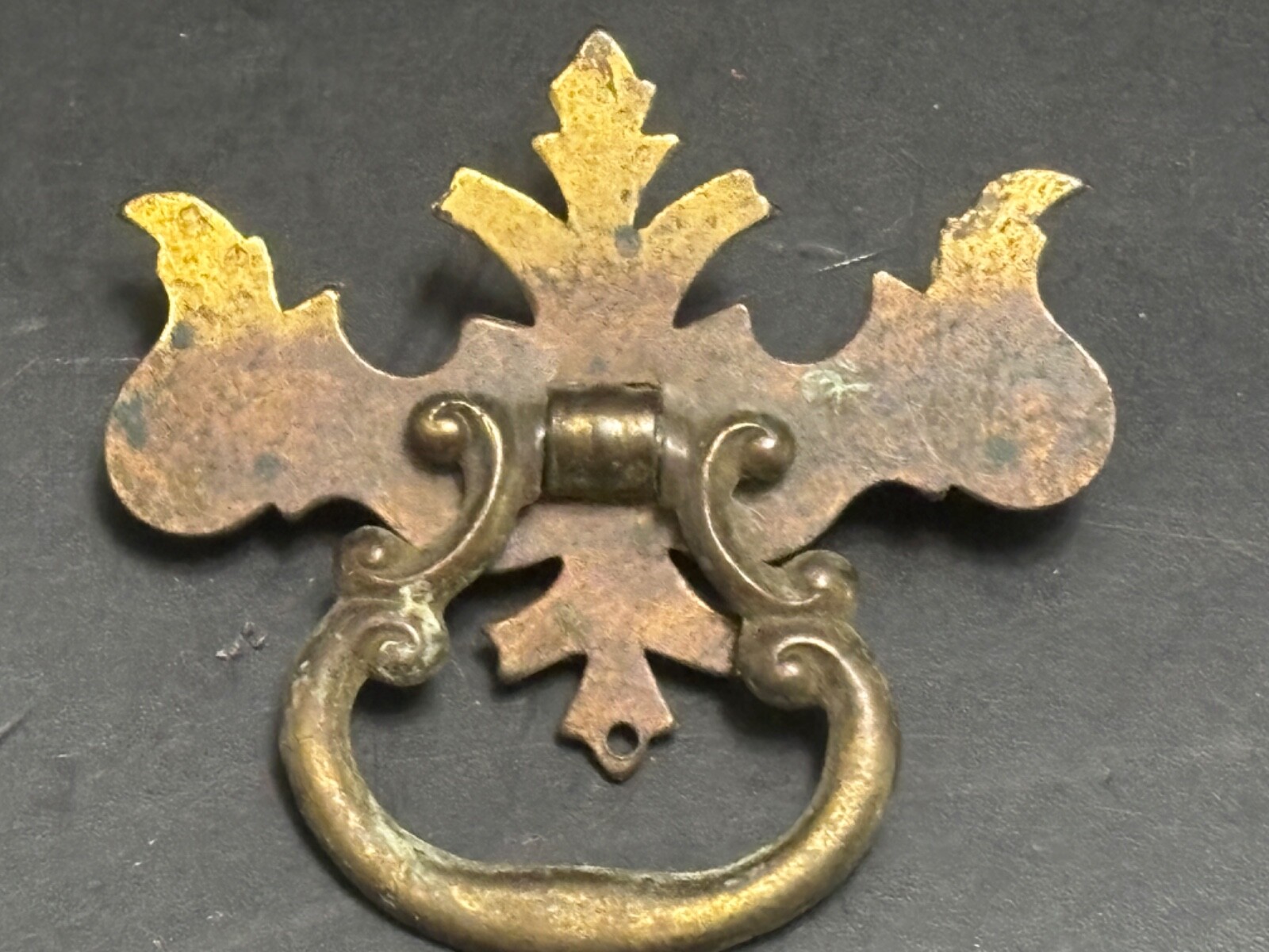 Chippendale Batwing Vintage Stamped Metal Drawer Pull Brass Ring Hardware K602